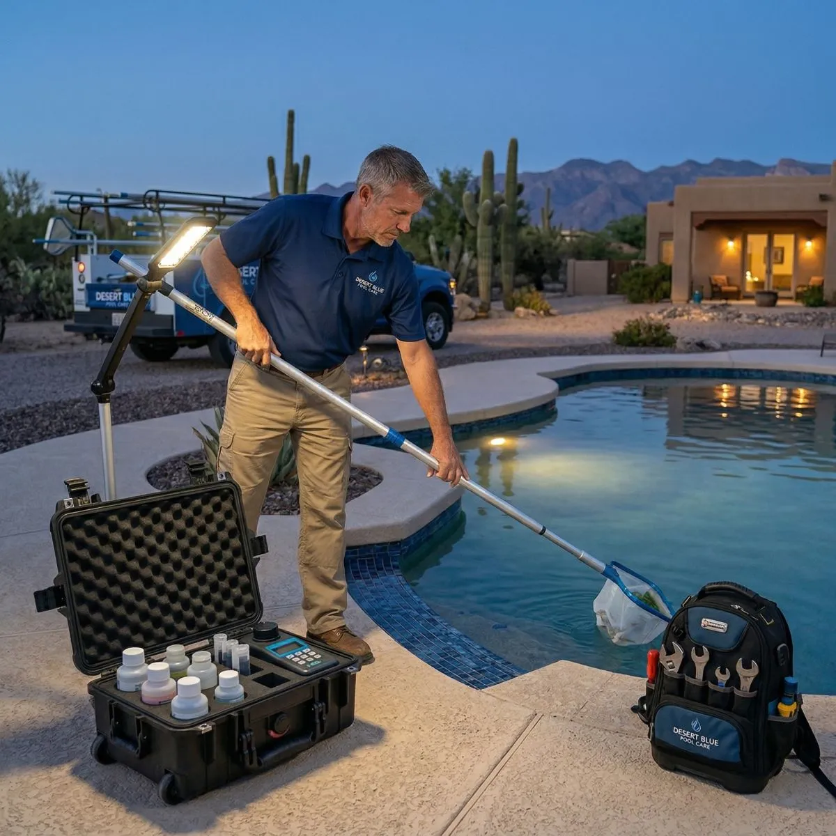 Pool cleaning service at night